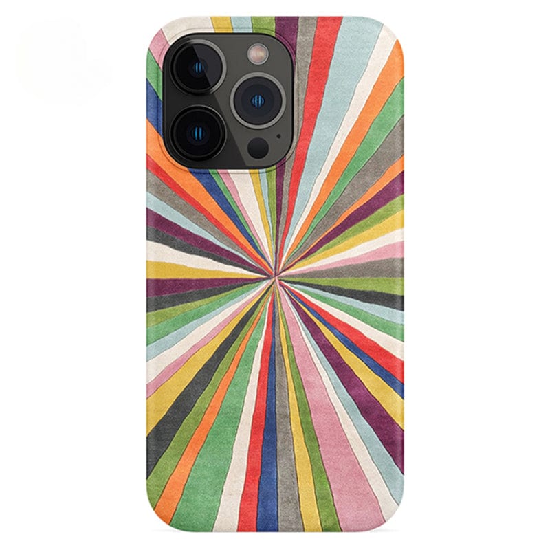 A smartphone embellished with a Vibrant Burst iPhone 16 Pro Max Case, showcasing a colorful Radiant Stripes design that extends outward from a central point, reminiscent of a starburst or sunburst. The phone is equipped with a multi-lens camera setup and offers full protection.