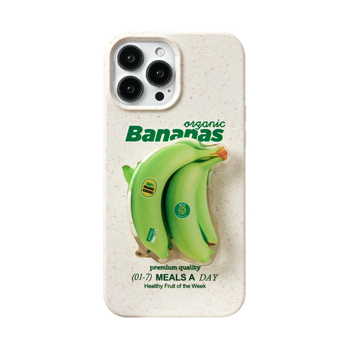 Introducing the Organic Bananas MagSafe iPhone 16 Pro Max Case. This fun fruit design features a white speckled pattern with graphic bananas and green text that reads, "organic Bananas, premium quality (0-7) MEALS A DAY, Healthy Fruit of the Week." The case is designed to fit an iPhone 16 Pro Max with triple rear cameras and comes with a banana stand for added convenience.