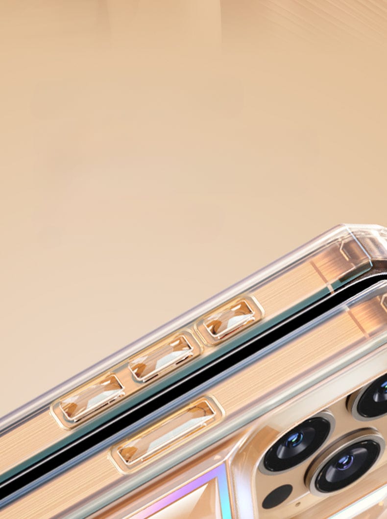 Close-up view of the iPhone 16 Pro Max Case - Shockproof 360° Clear Anti-Fall Protective Cover with 3D Gem Design, highlighting the buttons and camera lenses with its comprehensive protection and anti-yellowing material.