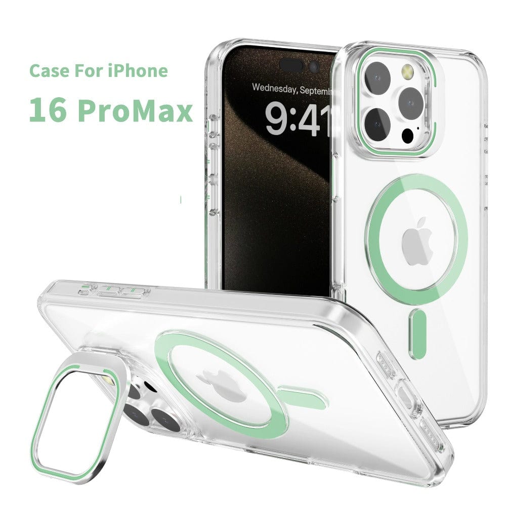 Crystal-clear protective iPhone 16 Pro Max case with purple accents, featuring a kickstand and designed to accommodate the phone's triple-camera setup. The display on the phone reads 9:41 AM, Wednesday, September 14.