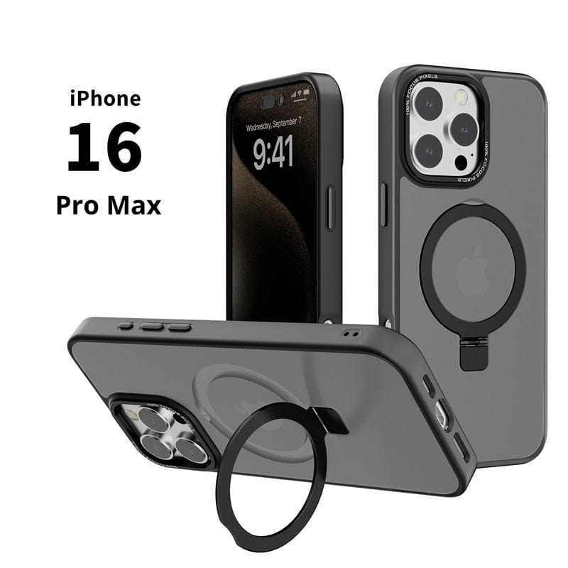 Two iPhone 16 Pro Max devices are shown with dark cases. One phone is standing upright displaying the time and date, while the other lays flat, featuring a MagSafe iPhone 16 Pro Max Case with Ring Stand - Soft-Touch Finish, TPU+PC Material, Metal Camera Frame, and Anti-Slip Design.