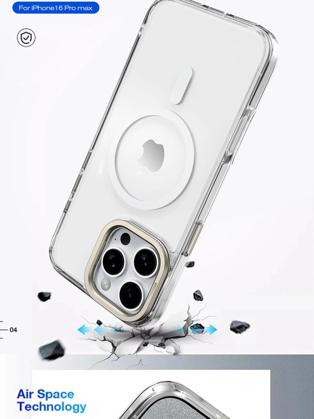 The Clear MagSafe iPhone 16 Pro Max Case with Metal Camera Bracket offers enhanced protection with reinforced corners and showcases "Air Space Technology" through an illustration of a phone dropping and causing a crack on the ground.