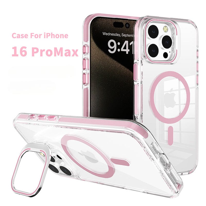 Clear MagSafe iPhone 16 Pro Max Case with an acrylic frame stand, made from TPU and acrylic material with camera protection, in pink.