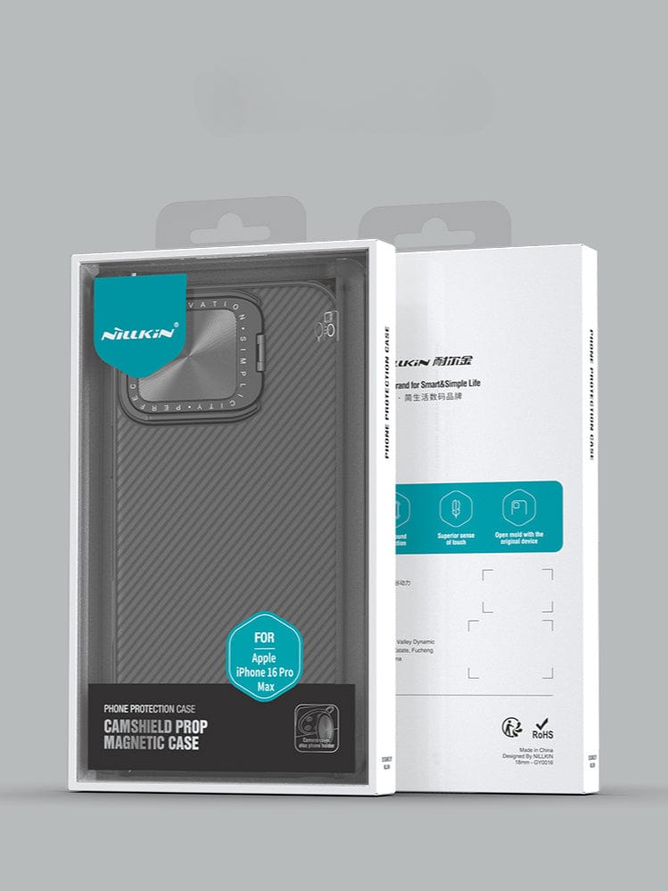 A phone protection case in its packaging, labeled "Shockproof Slim Fit iPhone 16 Pro Max Case with MagSafe." The packaging is primarily white with blue and green accents, featuring Dual-Layer Protection to safeguard your device and a Camera Cover for added security.