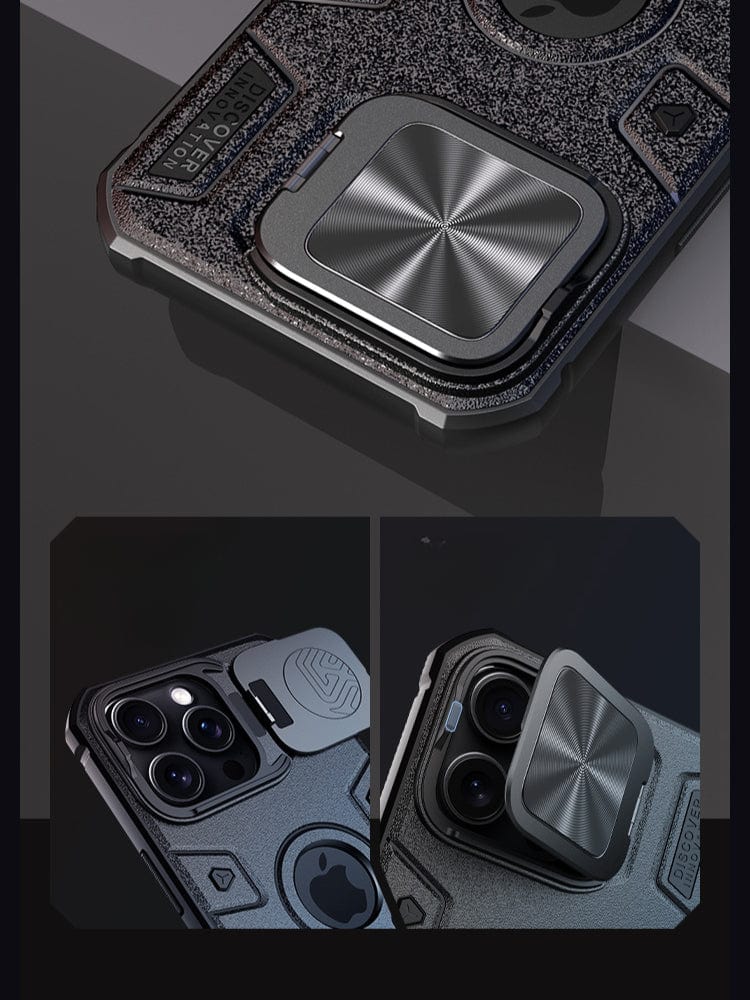 The Rugged MagSafe iPhone 16 Pro Max Case features a durable textured design made from shockproof TPU, PC, and metal. It includes a hinged camera shield shown in both closed and rotated-open positions, revealing the phone's camera lenses underneath. This case is also MagSafe compatible.