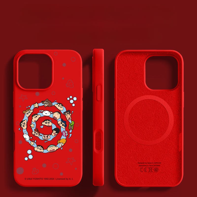 The iPhone 16 Pro Max Crayon Shin-chan Case is a bright red liquid silicone protective cover, showcasing a spiral pattern of Crayon Shin-chan cartoon faces and symbols. The case is depicted from back, side, and interior views and features shockproof, anti-dust, and washable properties.