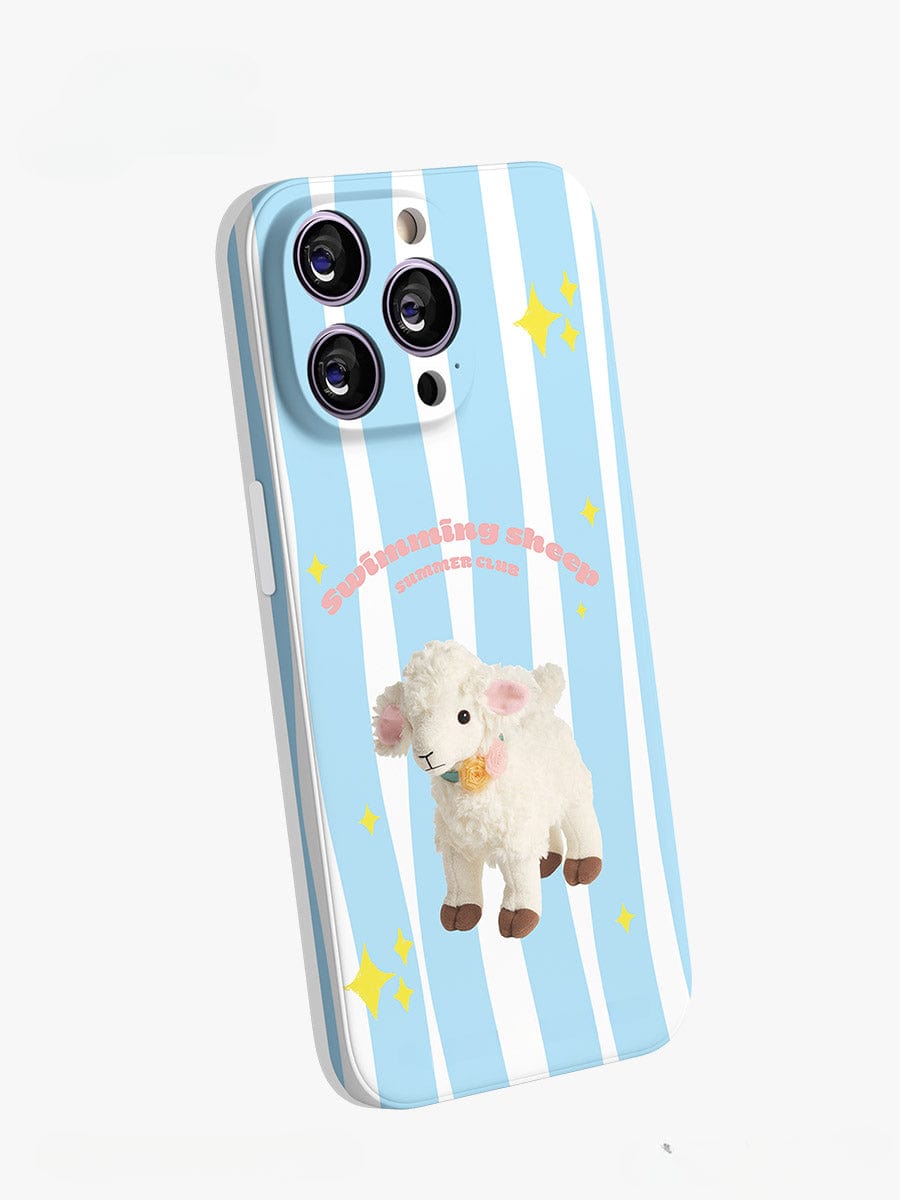 The Swimming Sheep iPhone 16 Pro Max Case features a cute blue and white striped design, with an illustration of a white sheep and the text "Swimming sheep." This fun, all-inclusive protective cover is perfect for your phone.