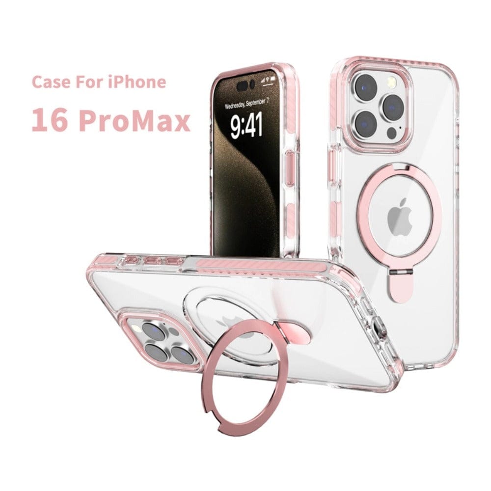 An iPhone 16 Pro Max Clear Case with Ring Holder, featuring a pink ring holder, is shown, displaying views from both the back and front sides of the phone. This MagSafe compatible case boasts a high-gloss finish and shockproof protection.