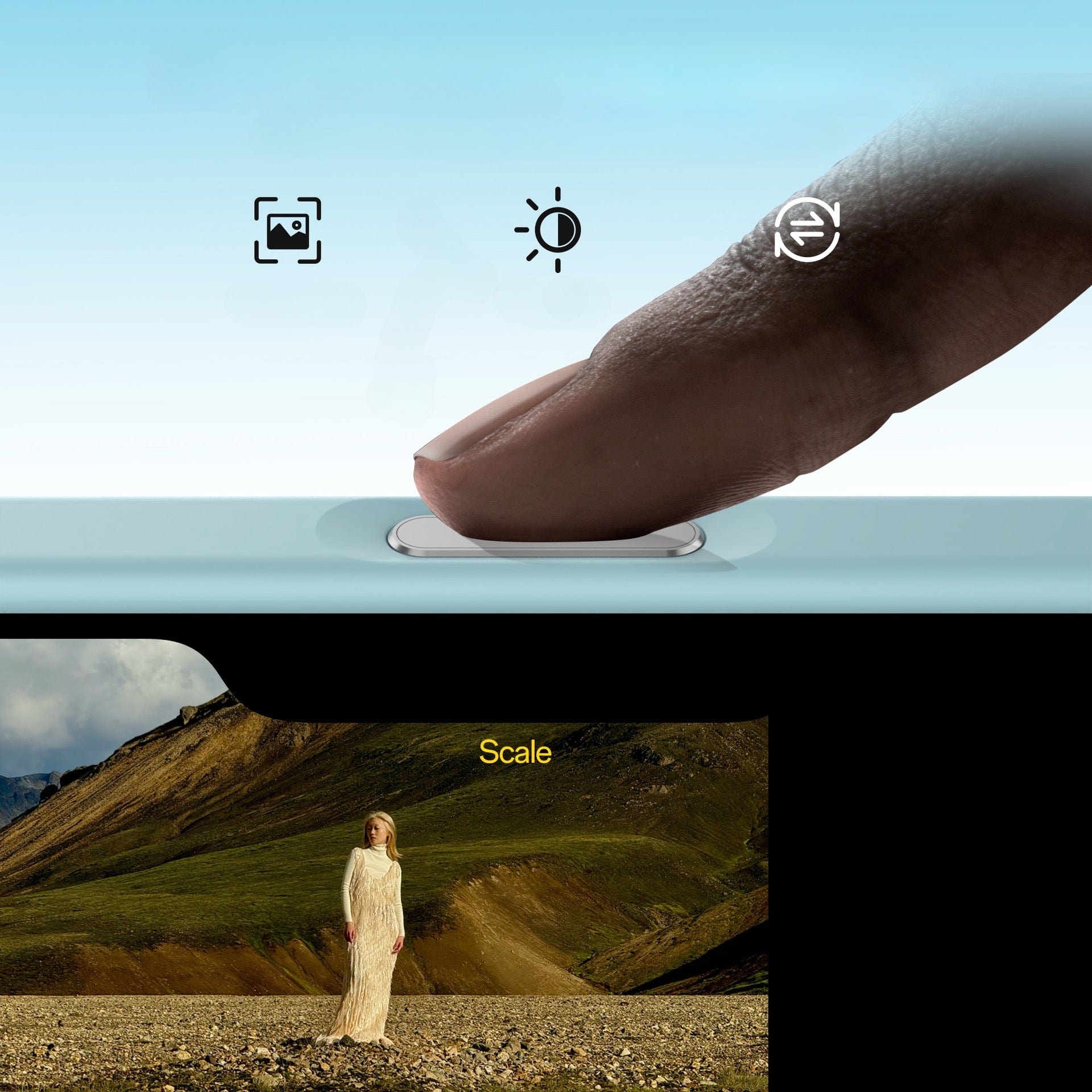 A finger engages the Capture Button, accompanied by icons above it, while below a landscape is shown featuring someone in a white outfit. The scene connects perfectly with the iPhone 16 Pro Max MagSafe Case, featuring 24 strong magnets for stable attachment.