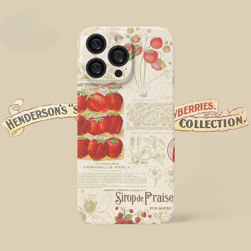 Introducing the Vintage Strawberry Print iPhone 16 Pro Max Case – Elegant and Protective. This phone case boasts a charming vintage-style strawberry design, complete with delightful illustrations and text such as "Henderson's," "Strawberries Collection," and "Sirop de Fraise pur Sucre." The background features a sophisticated beige, textured appearance, making it the perfect accessory for your iPhone 16 Pro Max.