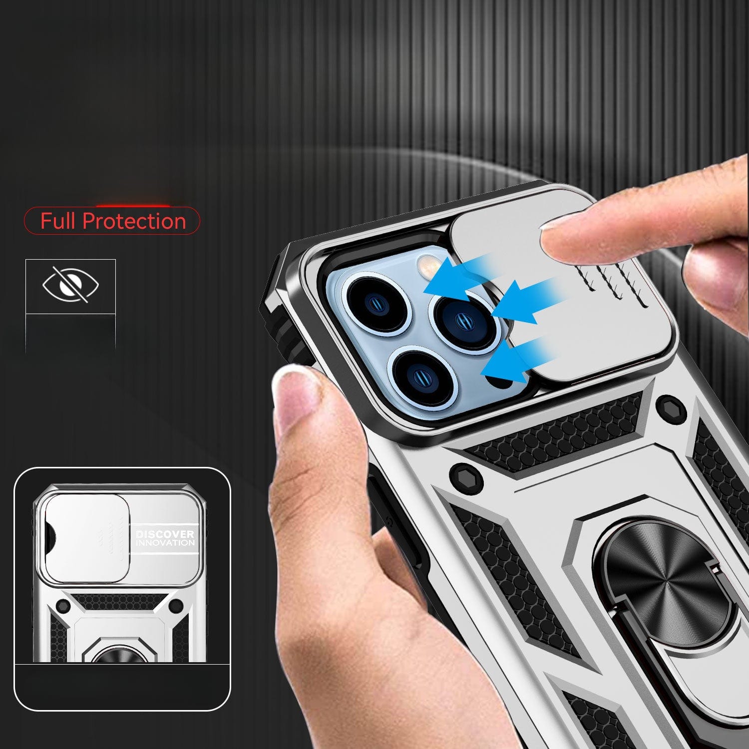 A hand demonstrates sliding the camera lens cover on the iPhone 16 Pro Max Case - Rugged Shockproof Design with Magnetic Ring Stand, Camera Lens Cover, Airbag Protection, and MagSafe Compatibility. The rugged smartphone case features a metallic design with textured grips for added protection.