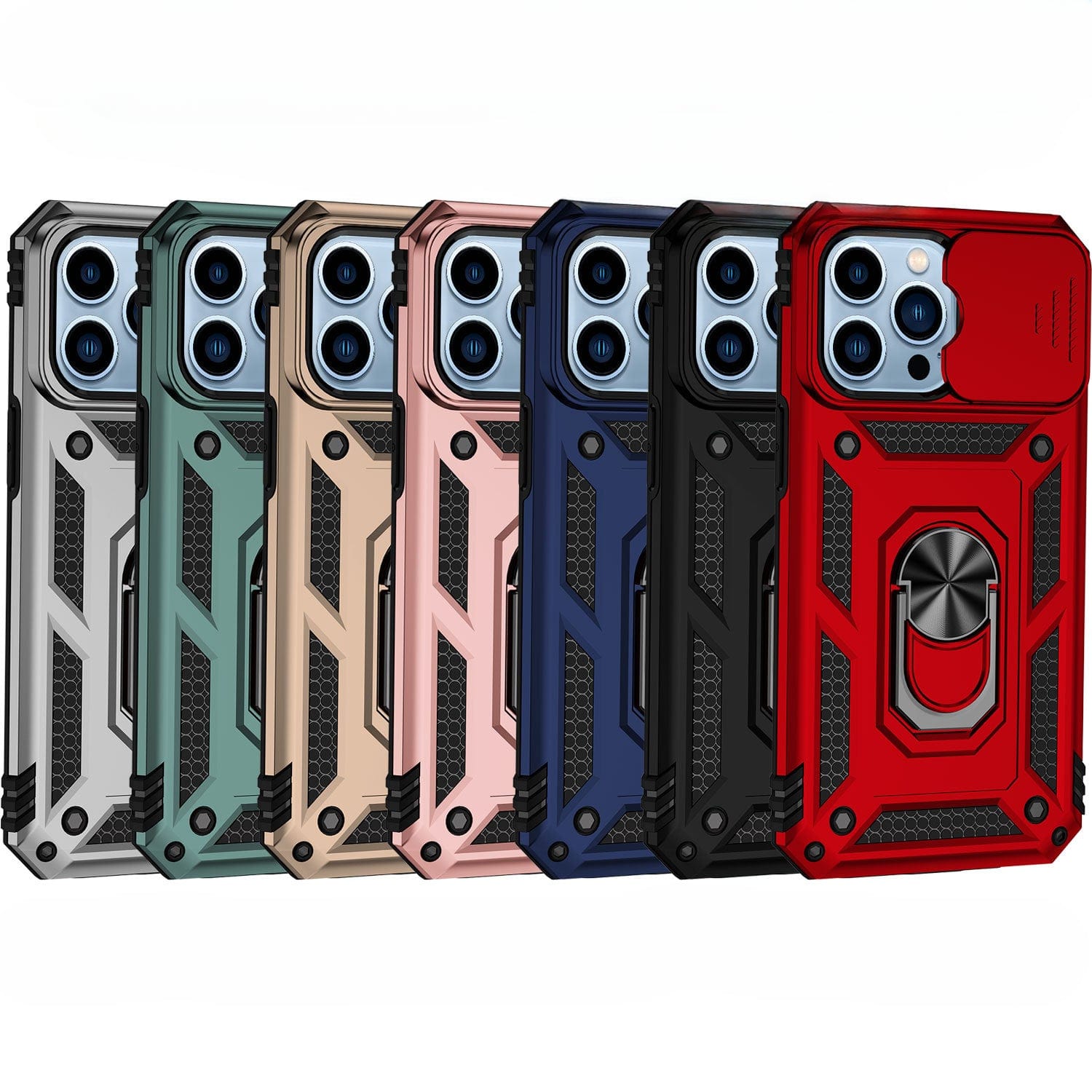 A series of seven iPhone 16 Pro Max cases, each ruggedly designed and offering colors like silver, green, gold, rose gold, blue, black, and red. These cases feature a magnetic ring stand on the back for versatile use.