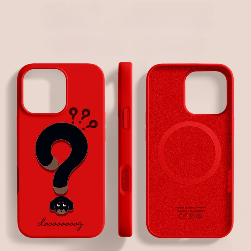 Three purple iPhone 16 Pro Max Cute Silicone Cases with a whimsical question mark design featuring a dog's face at the bottom are displayed side by side. Crafted from food-grade liquid silicone, these cases offer durable shockproof and non-slip protection.