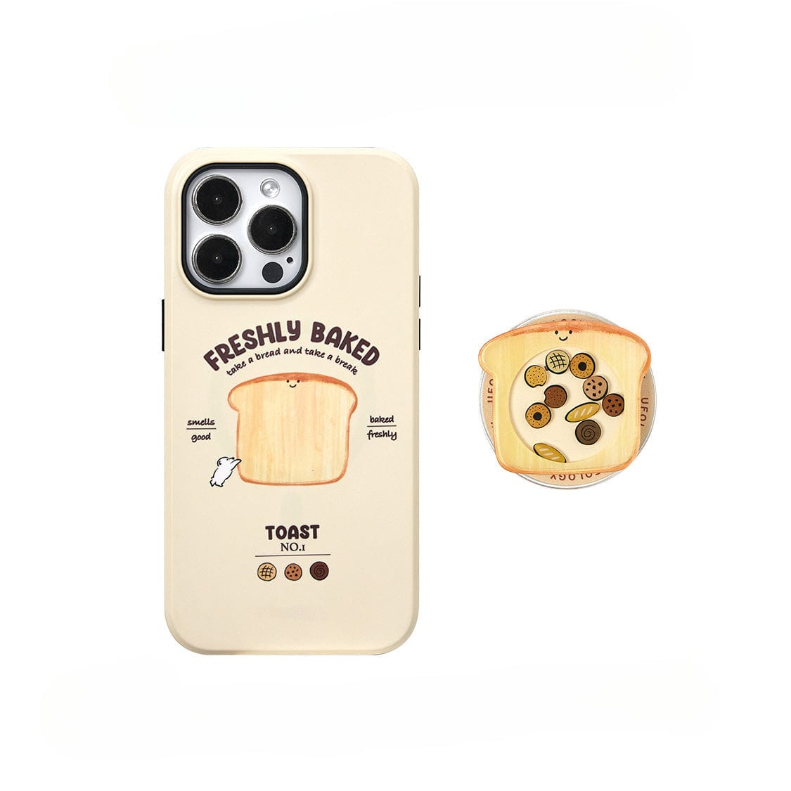 The Morning Toast MagSafe iPhone 16 Pro Max Case is a beige cover featuring an illustration of a smiling bread slice labeled "Toast No.1," with the text "FRESHLY BAKED" above it. It comes with a matching round pop socket that has the same charming design of the smiling bread slice, offering both style and comprehensive protection.