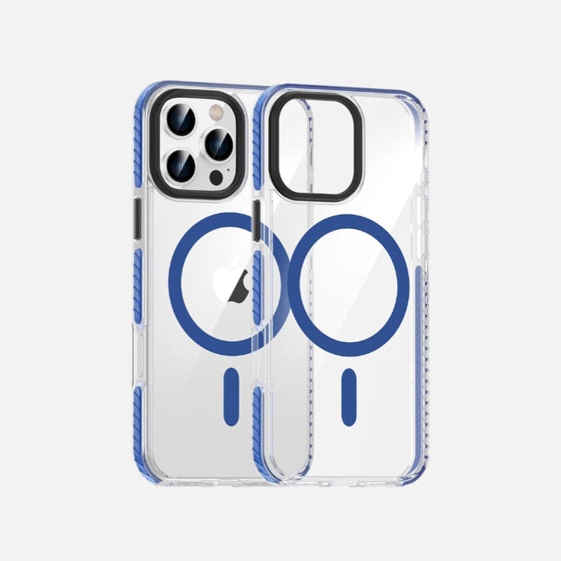 Two iPhone 16 Pro Max Clear MagSafe Cases, featuring shockproof air cushion corners and blue accents, made from TPU+PC material with metal buttons. The cases are displayed front and back, showcasing camera cutouts and MagSafe charging ring graphics.