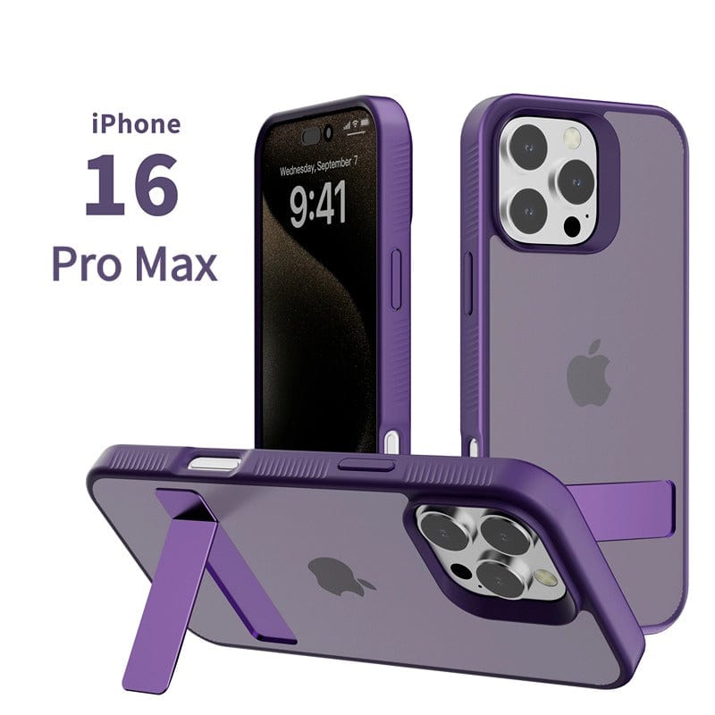 Two purple iPhone 16 Pro Max phones are shown - one upright displaying the time, and another laying flat with a foldable kickstand extended, showcased alongside an elegant iPhone 16 Pro Max Case with Foldable Kickstand featuring a soft-touch finish and slim TPU protective cover that complements both the back and camera setup.