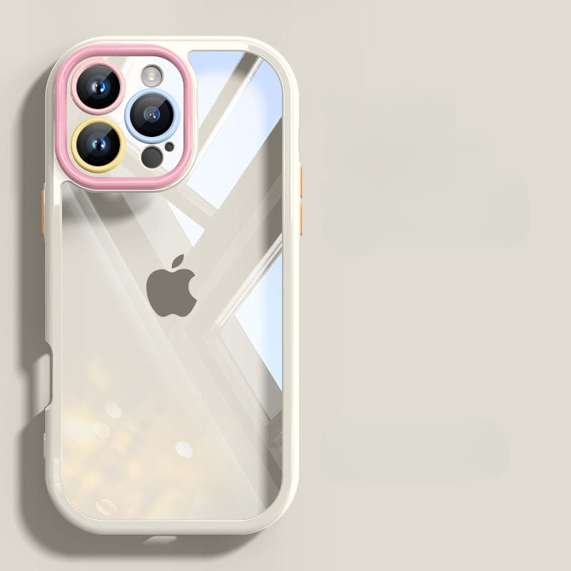 The iPhone 16 Pro Max Clear Case showcases a transparent silicone protective cover with a pink-trimmed camera ring, offering shockproof protection while leaving the Apple logo on the back of the phone partially visible.