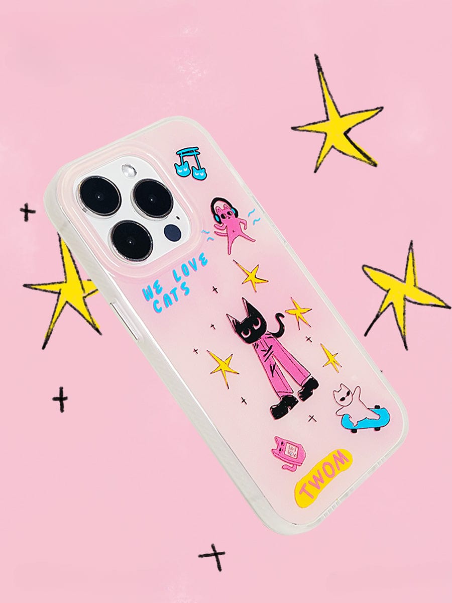 A We Love Cats iPhone 16 Pro Max Case, featuring a cute pink cartoon design, rests on a matching pink background adorned with yellow stars. The playful and protective cover showcases charming illustrations of a cat in a pink robe, musical notes, a dancing figure, and a small dog, alongside the phrases "WE LOVE CATS" and "TWWON.