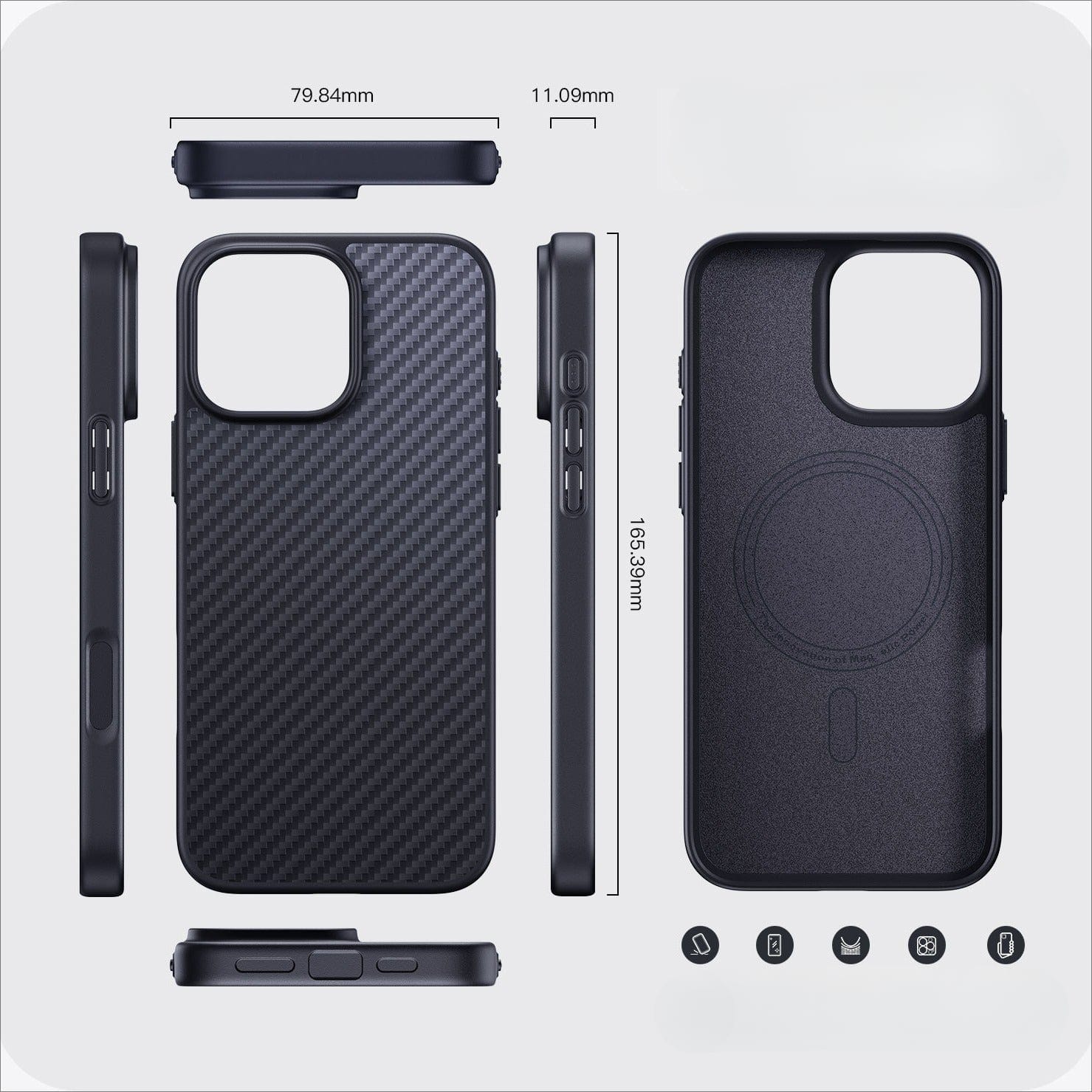 Detailed layout of the Ultrathin Kevlar MagSafe iPhone 16 Pro Max Case in sleek black, showcasing dimensions (79.84mm wide, 11.09mm thick, 165.39mm tall), different sides, and inner features such as MagSafe compatibility with 1500D & 600D textures for added durability.