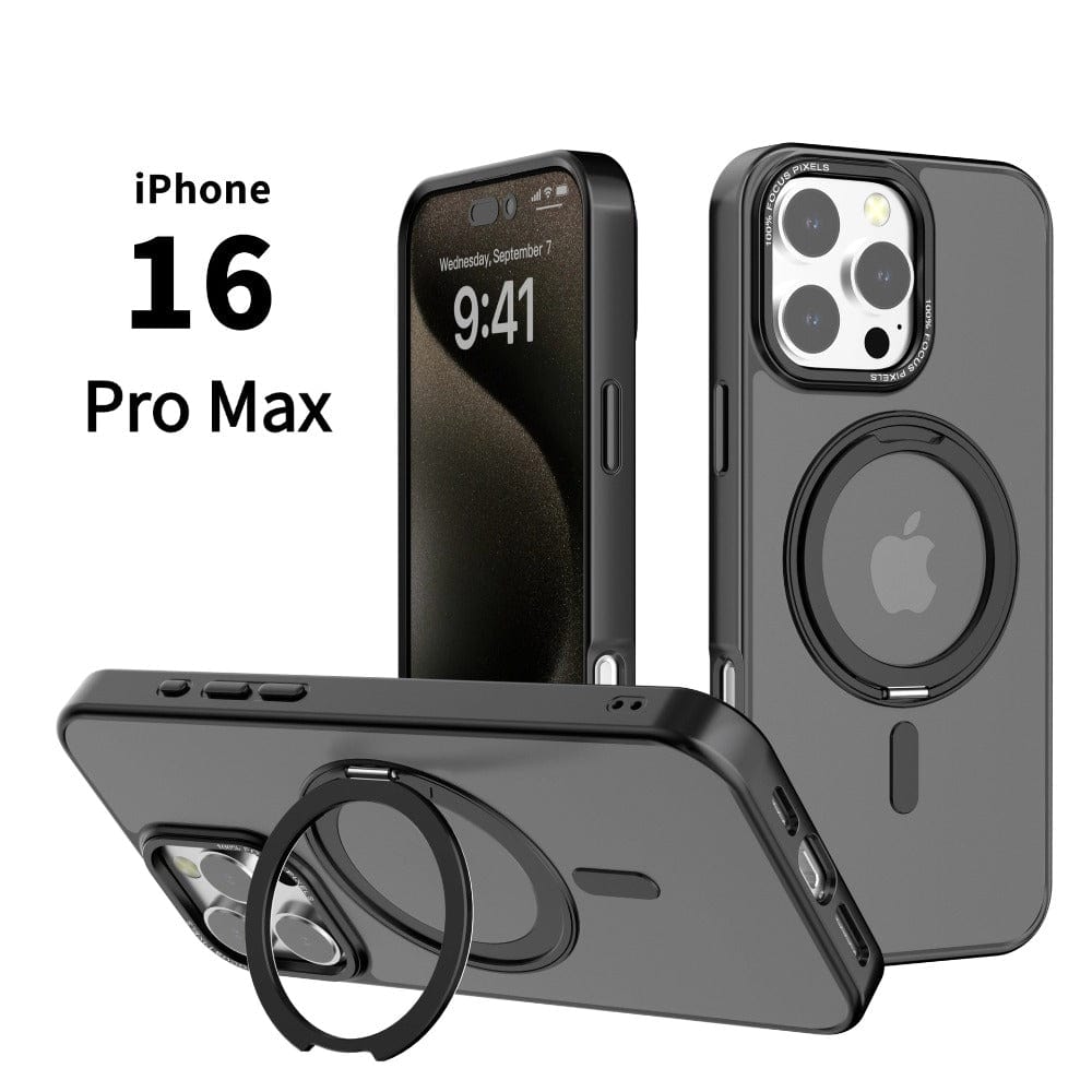 Three views of an iPhone 16 Pro Max: front, rear, and angled. It is shown in a Matte Finish iPhone 16 Pro Max Case with Rotating Ring Holder. The sleek black case includes a circular ring holder on the back and is MagSafe compatible with TPU protection. The screen displays the time 9:41, and the text "iPhone 16 Pro Max" is present.