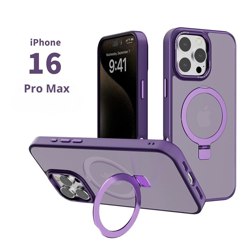 iPhone 16 Pro Max displayed with a MagSafe iPhone 16 Pro Max Case featuring a circular ring stand and a soft-touch finish. The background shows the device from various angles, highlighting the TPU+PC material, metal camera frame, and anti-slip design.