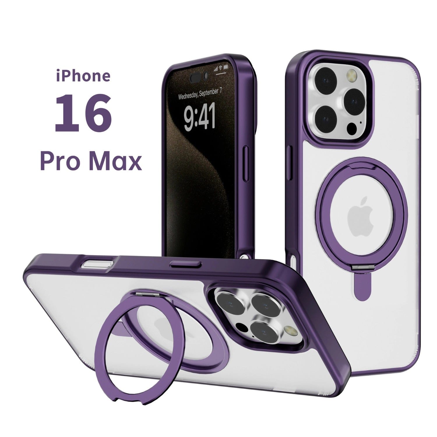 Image of two iPhone 16 Pro Max devices enclosed in MagSafe Compatible iPhone 16 Pro Max Cases with Ring Holders. Each case features a circular ring holder on the back and has a clear back with a metal frame. The phone screens display "Wednesday, September 7, 9:41.