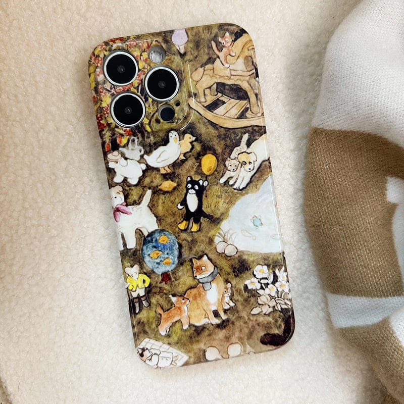 A smartphone encased in the Charming Woodland Animals iPhone 16 Pro Max Case, which showcases an illustration of various playful dogs adorably accessorized with bows and hats against a rustic backdrop. The phone is placed on a soft beige fabric beside a striped cloth.