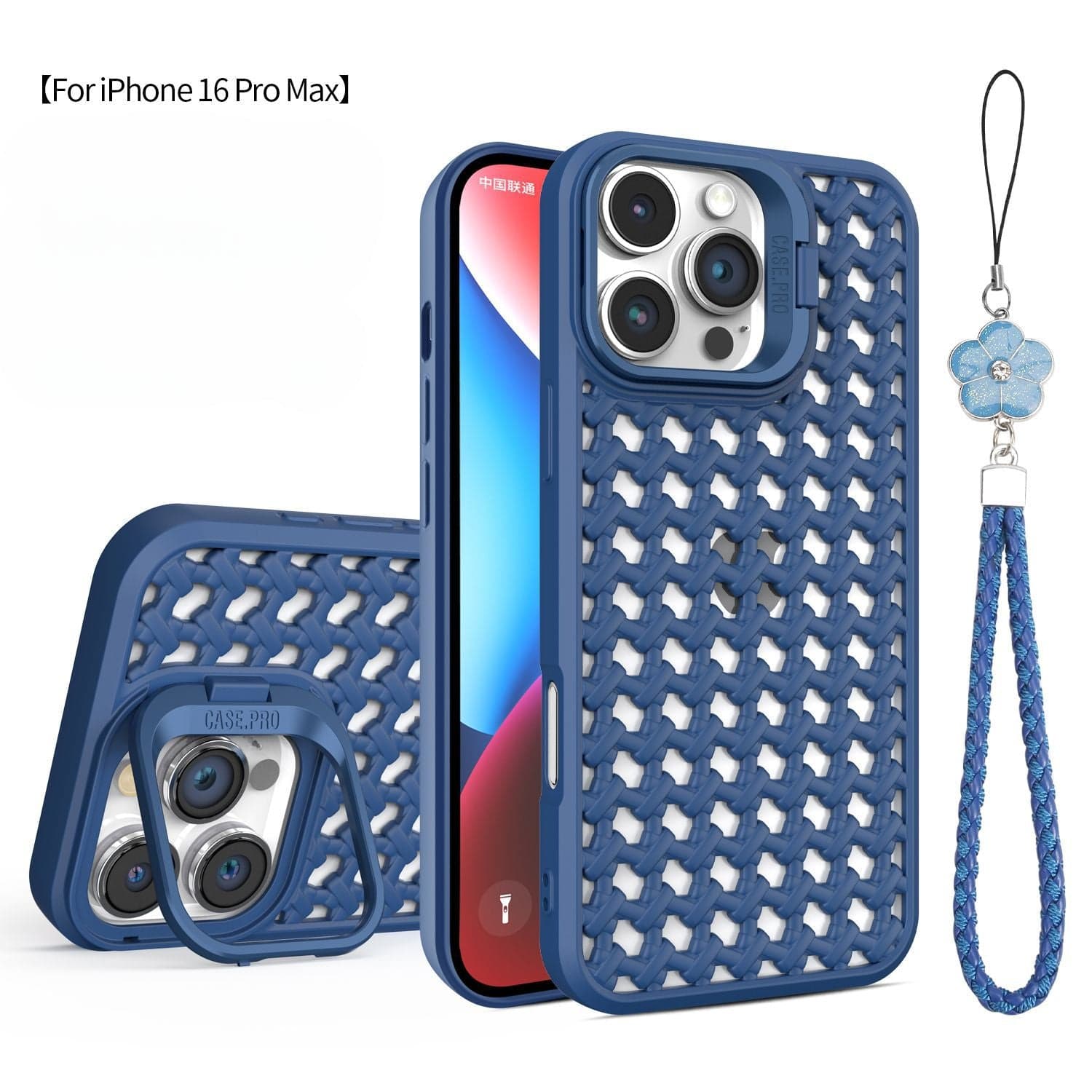 Breathable Mesh iPhone 16 Pro Max case with a textured pattern, featuring shock absorption, an attached camera stand, and a detachable wrist strap.