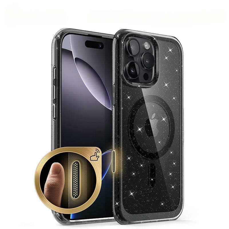 A Black Glitter iPhone 16 Pro Max Magnetic Ring Stand Case is showcased, featuring a close-up of the textured camera control button area. The case boasts full-body shockproof protection for added durability.