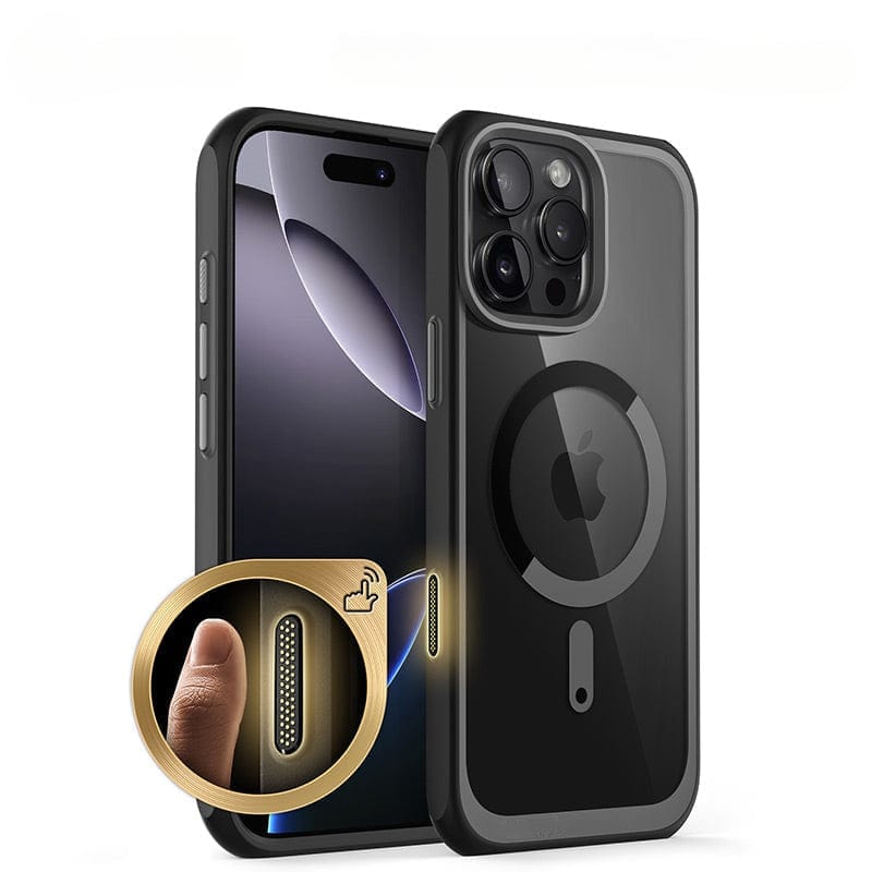A black iPhone 16 Pro Max Magnetic Ring Stand Case with full body shockproof protection and a circular Magnetic Ring Kickstand is shown on a dual camera phone. A magnified inset highlights a feature on the case, indicating fingerprint recognition.