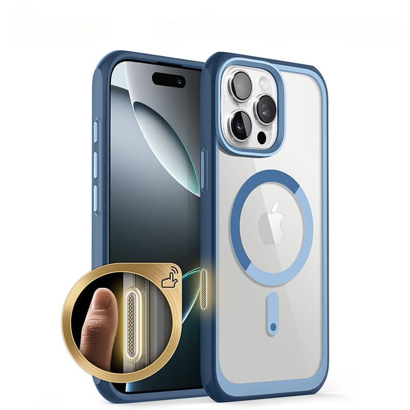 A blue iPhone 16 Pro Max Magnetic Ring Stand Case is displayed, featuring a highlighted fingerprint sensor in a small gold circle on the side of the case. The design includes full body shockproof protection for added durability.