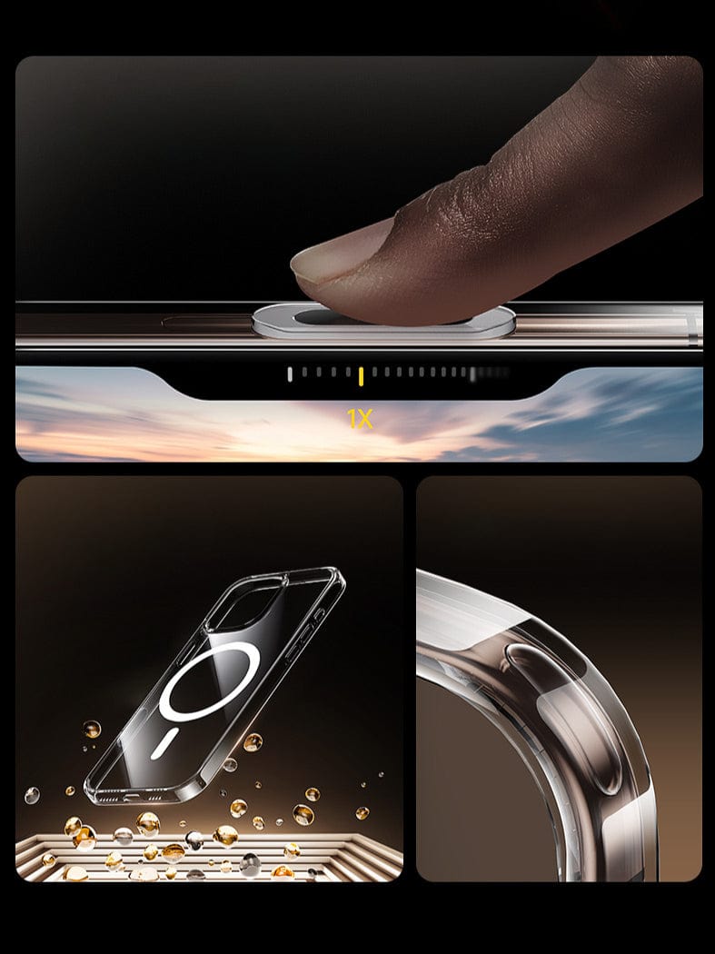 A close-up of a finger pressing a phone button, showcasing the iPhone 16 Pro Max Clear Case with its unique circular design. The side view reveals the phone's curved edge and detailed button work, featuring an AR-coated anti-fingerprint surface for a pristine look. This case is also designed to be anti-yellowing and offers magnetic adsorption and a responsive camera button for enhanced functionality.