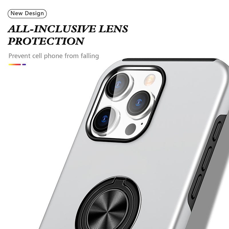 A close-up of the iPhone 16 Pro Max Case with 360° Rotating Ring Stand, highlighting its full camera protection and shockproof dual-layer design, with a text overlay promoting its ability to prevent cell phone from falling.