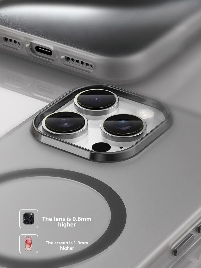 A close-up of the iPhone 16 Pro Max Frosted Semi-Transparent MagSafe Case's camera module with three lenses, showing the camera lens raised by 0.8mm and the screen raised by 1.3mm for full body protection. A smaller inset image highlights these details on this new anti-fingerprint, shockproof case.