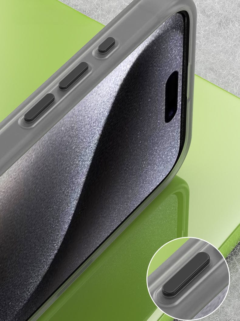 A close-up view of a smartphone in an iPhone 16 Pro Max Frosted Semi-Transparent MagSafe Case featuring side buttons. An inset image highlights one of the buttons more prominently, showcasing its MagSafe compatibility and anti-fingerprint design.