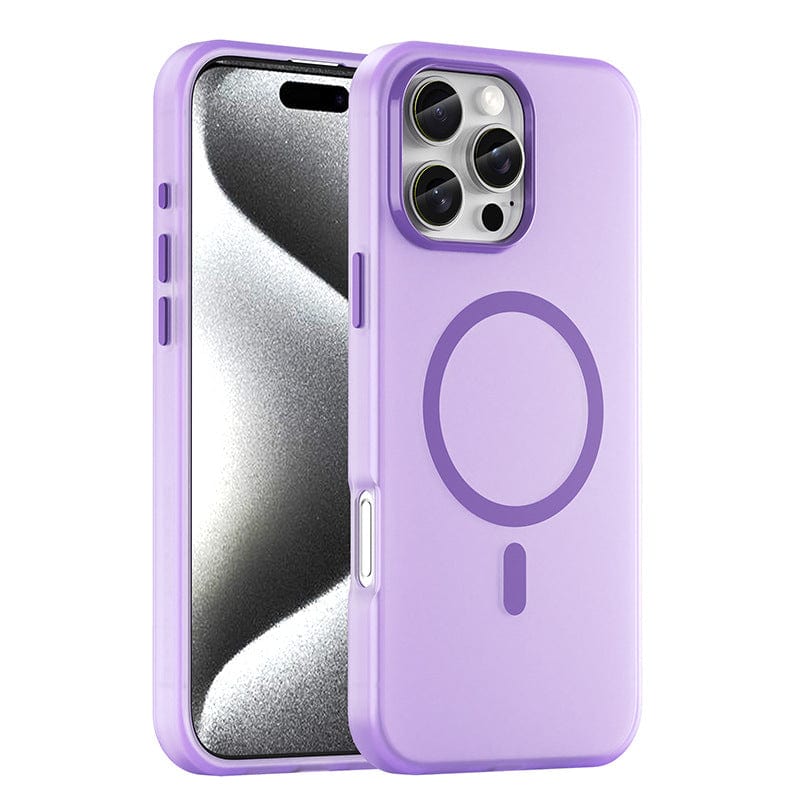 A frosted semi-transparent MagSafe case for the iPhone 16 Pro Max, offering shockproof protection and anti-fingerprint features. The case is purple, provides full body coverage, and has a circular design on the back to ensure MagSafe compatibility.