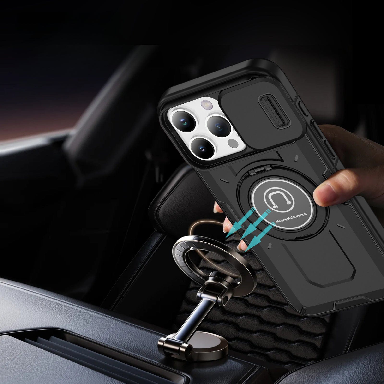 A hand holding the iPhone 16 Pro Max Rugged Magnetic Case with ultimate drop protection, featuring a rugged black exterior and circular magnetic mount, is being placed onto a magnetic car mount holder within a vehicle interior.