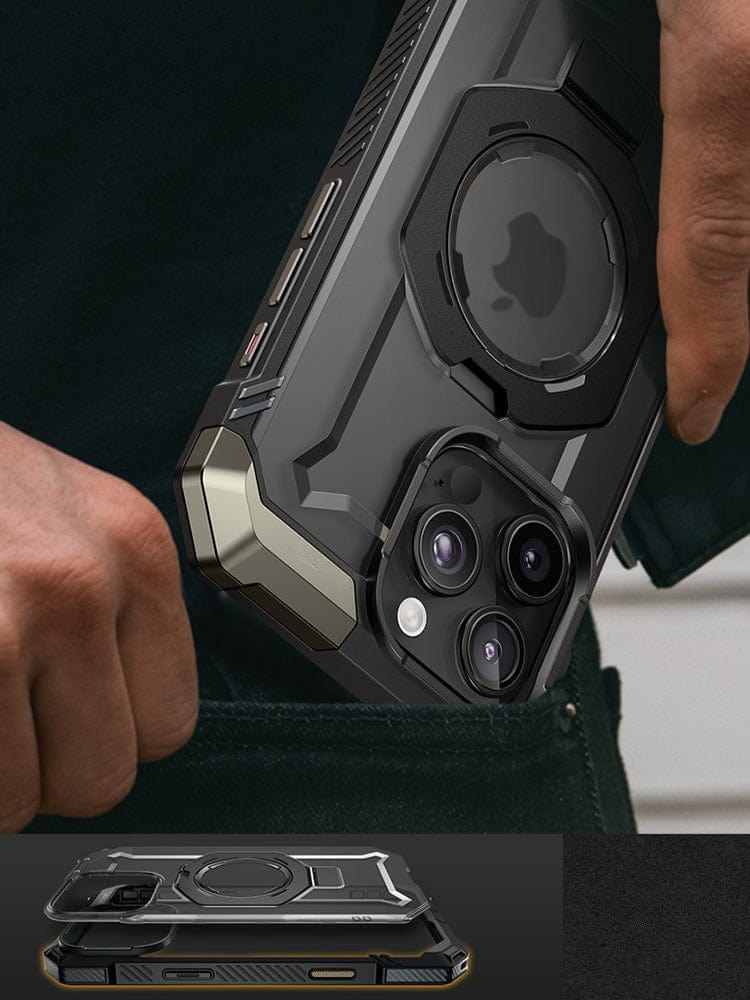 A hand places a black iPhone 16 Pro Max with the Armor Case, featuring angular designs and military-grade drop protection, into a pocket. The case also has an N52+ strong magnetic adsorption ring, and the camera control button is easily accessible next to the multiple rear cameras.