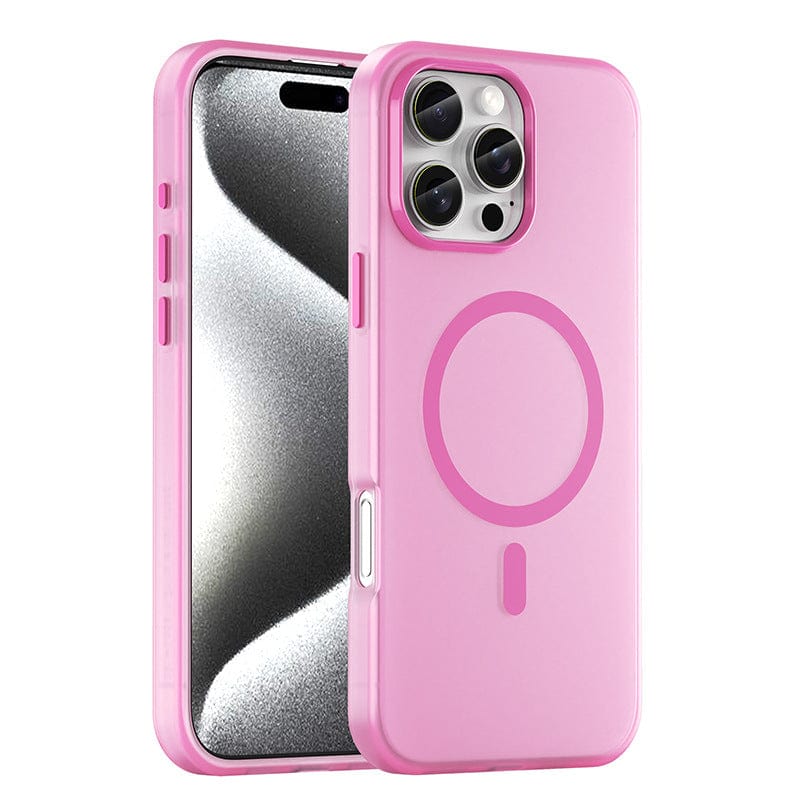 A metallic finish smartphone with the iPhone 16 Pro Max Frosted Semi-Transparent MagSafe Case, featuring a circular design on the back, is shown from both angles, offering anti-fingerprint and shockproof protection with MagSafe compatibility.