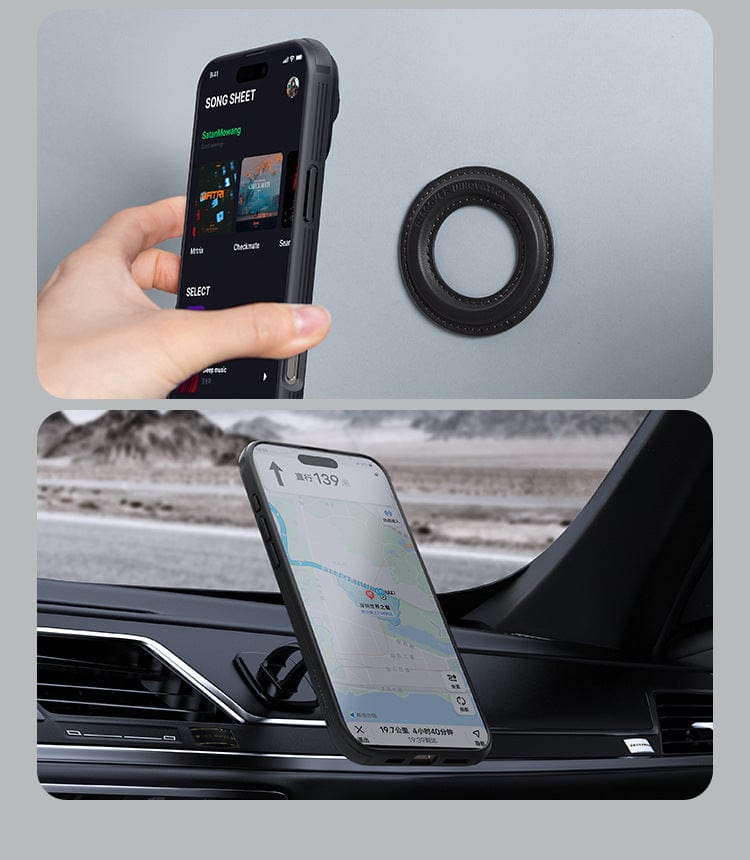 A person holds a smartphone displaying a music app, while another smartphone mounted on a car dashboard shows a navigation map, secured in the Shockproof Slim Fit iPhone 16 Pro Max Case with MagSafe, Dual-Layer Protection & Camera Cover. A circular magnet is also shown.