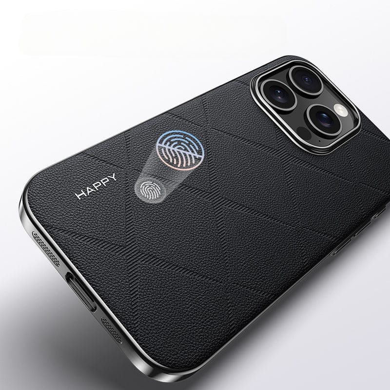 A premium leather iPhone 16 Pro Max case in a shockproof design featuring a durable black textured finish, a fingerprint icon on the back near the multiple-lens camera module, and the word "HAPPY" inscribed on the case.