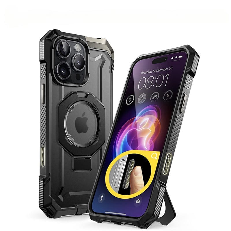 A rugged iPhone 16 Pro Max Armor Case in black, equipped with an exclusive camera control button, a built-in kickstand, and protective edges featuring N52+ Strong Magnetic Adsorption, displayed holding an iPhone with its screen on, showing a close-up of the stand feature in use.