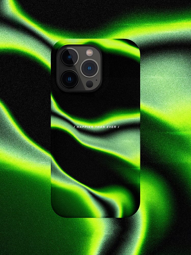 A sleek Abstract Wave iPhone 16 Pro Max case is shown, featuring a sophisticated black background adorned with a smooth, green wave pattern. The phrase "Happier Than Ever" is elegantly printed in small, white text on the back of the case. The backdrop mirrors the same green wave motif seen on the case itself.
