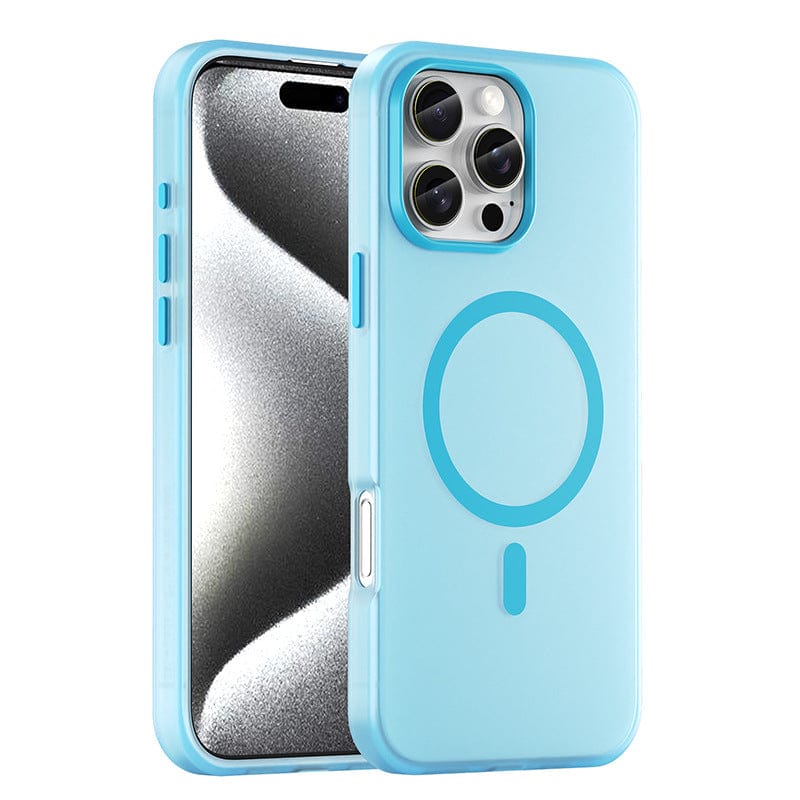 A smartphone with a blue protective case showing both front and back views. The iPhone 16 Pro Max Frosted Semi-Transparent MagSafe Case features a circular design on the back for MagSafe compatibility, while offering full body and shockproof protection. The front displays the phone screen in all its glory with anti-fingerprint technology.