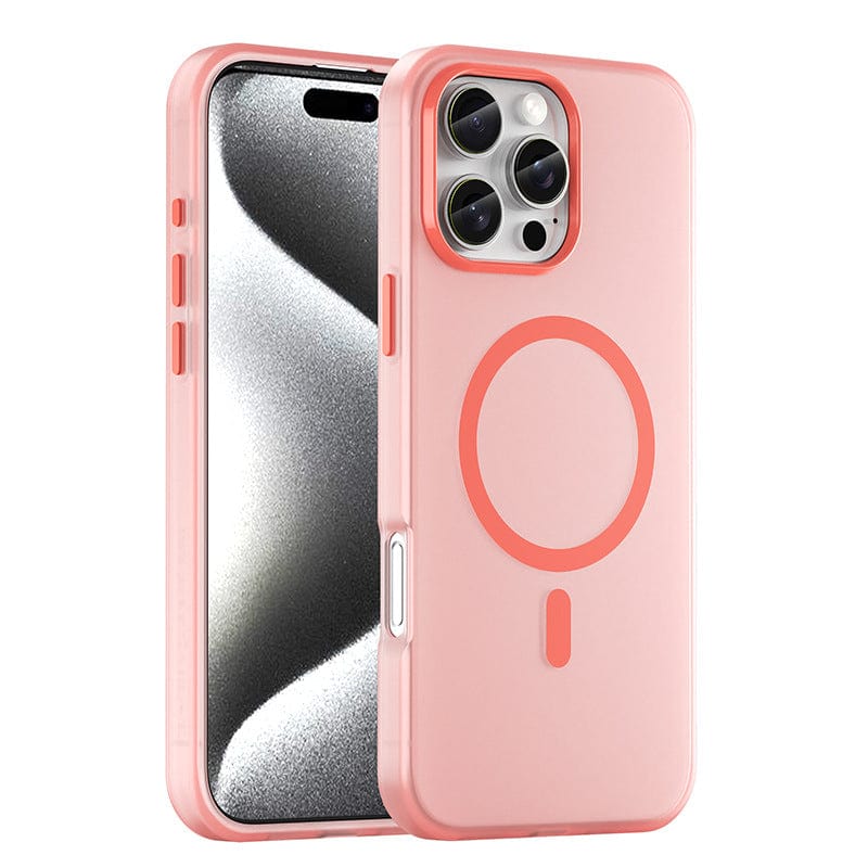A smartphone with a metallic finish and triple camera system is shown with the iPhone 16 Pro Max Frosted Semi-Transparent MagSafe Case in pink, which features a circular design on the back for MagSafe compatibility and offers full body protection along with anti-fingerprint and shockproof properties.