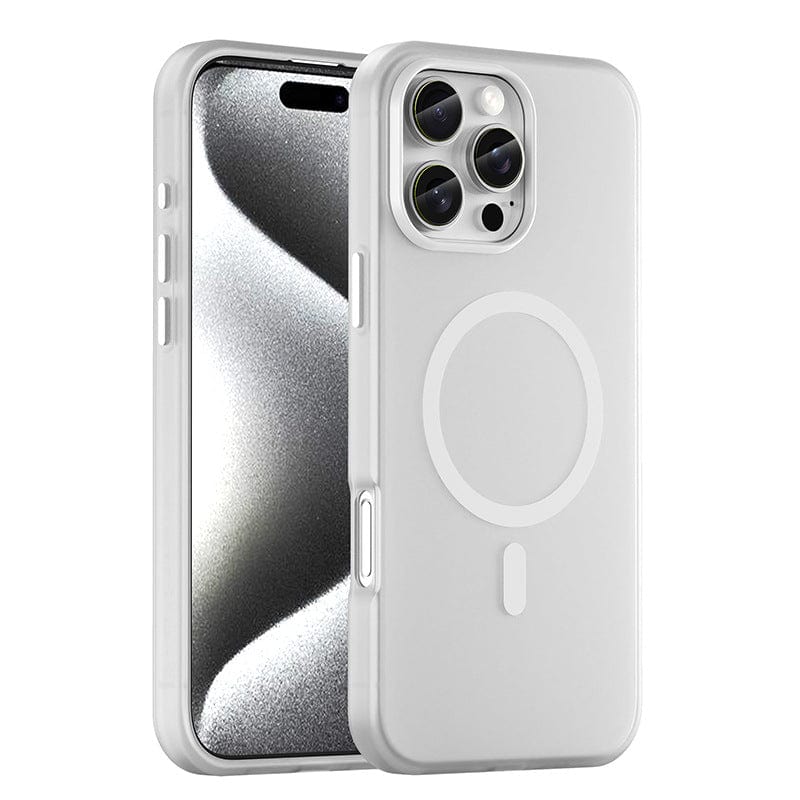 A smartphone with a quad-camera setup on the back, displayed from both front and rear views. The device features a reflective metallic screen display and is encased in an iPhone 16 Pro Max Frosted Semi-Transparent MagSafe Case that provides full body shockproof protection and is anti-fingerprint.
