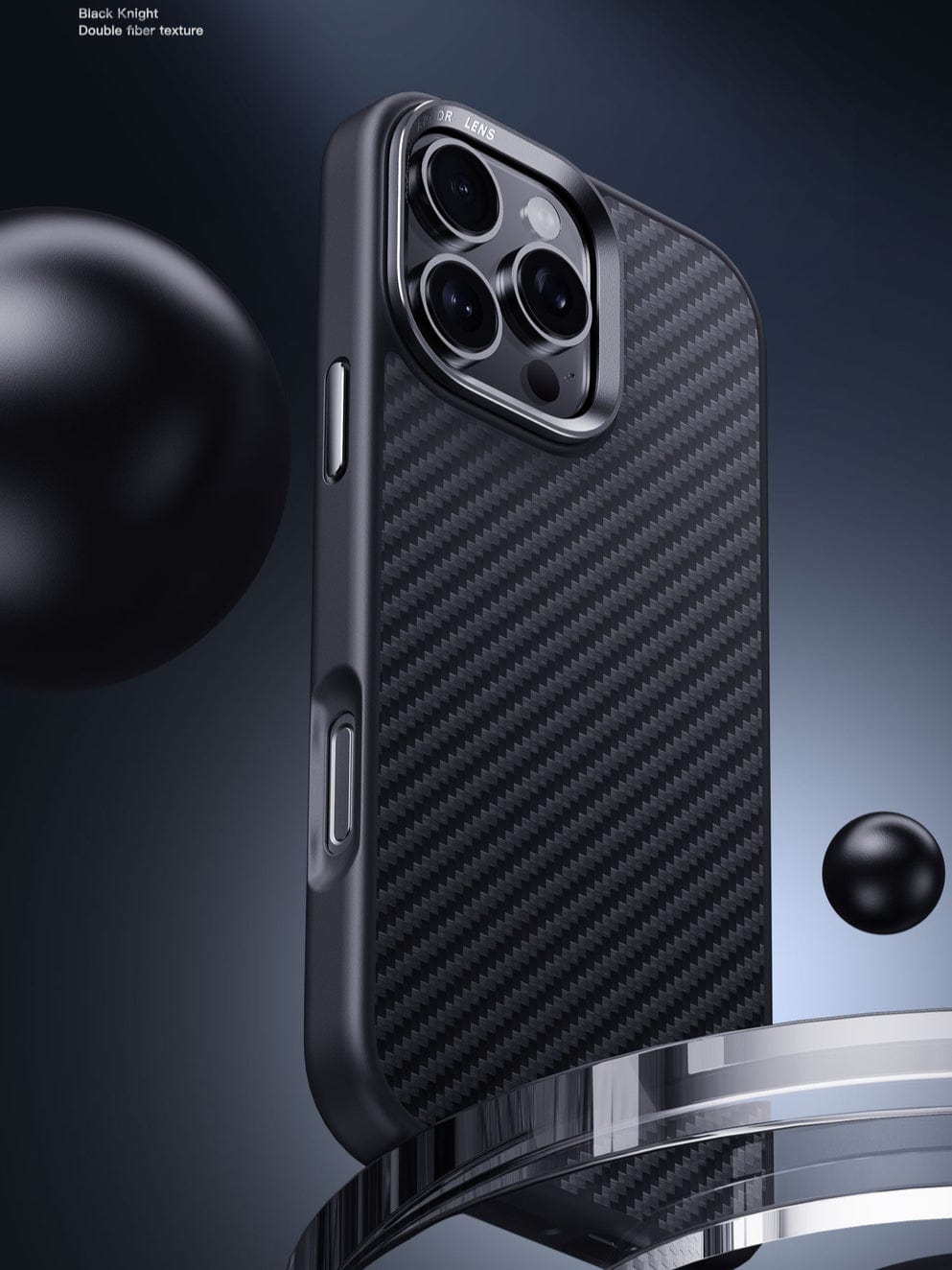A smartphone with a triple camera setup is encased in a sleek iPhone 16 Pro Max Kevlar Fiber Case featuring a black carbon fiber texture and Kevlar reinforcement, positioned against a dark background with floating black spheres. Text reads "Black Knight Double fiber texture".