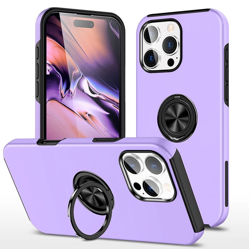 An iPhone 16 Pro Max Case with 360° Rotating Ring Stand in purple, offering shockproof dual-layer protection and full camera protection, displayed both on and off a phone showcasing abstract art. The case includes precise cutouts for the camera and buttons.