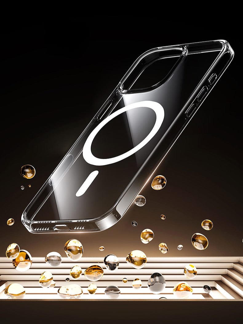 An iPhone 16 Pro Max Clear Case hovers above a surface adorned with golden droplets in a dark setting, showcasing its super magnetic adsorption and AR-coated anti-fingerprint surface.