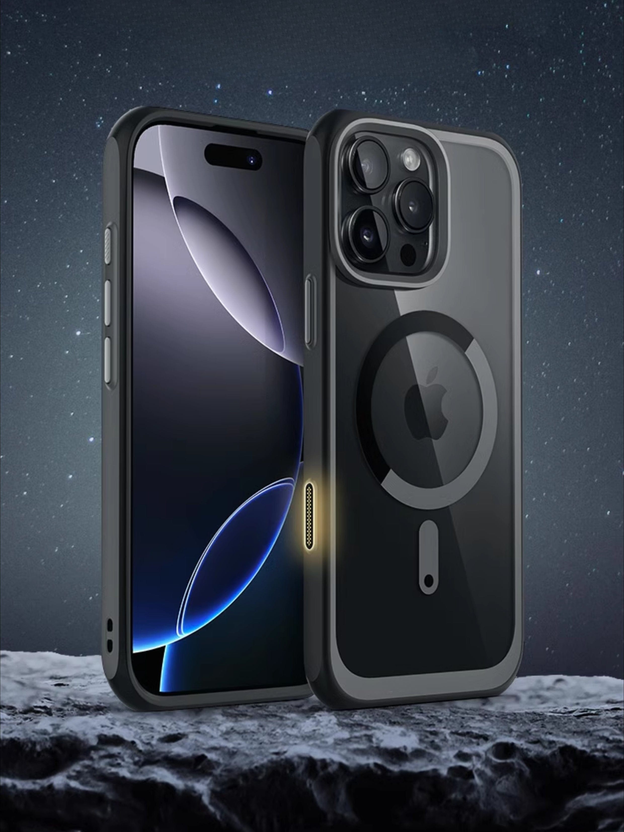 An iPhone 16 Pro Max encased in the iPhone 16 Pro Max Magnetic Ring Stand Case, featuring a distinctive circular design on the back, is displayed against a starry background with a moon-like surface beneath. The case boasts an Air Cushion Shockproof Design for full-body protection and includes a camera control button for added functionality.